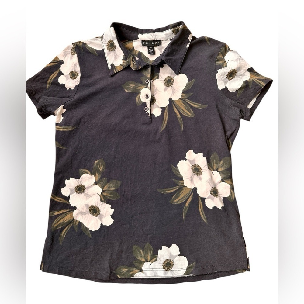 Tribal‎ Floral Polo Shirt Womens Small Gray White Short Sleeve Excellent Stretch